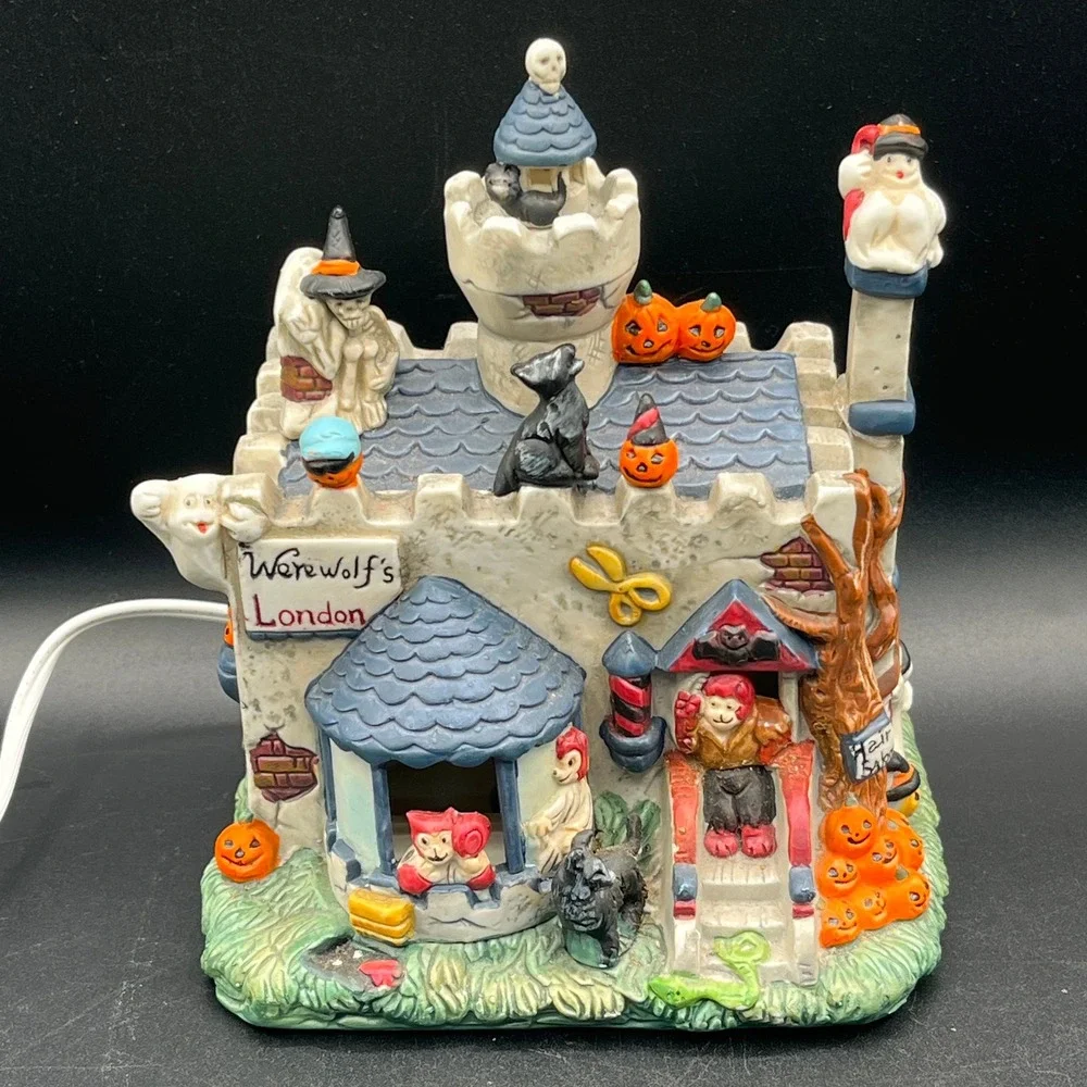 Vtg Werewolfs London Halloween Village Lighted Ceramic Castle Ghost New Cord